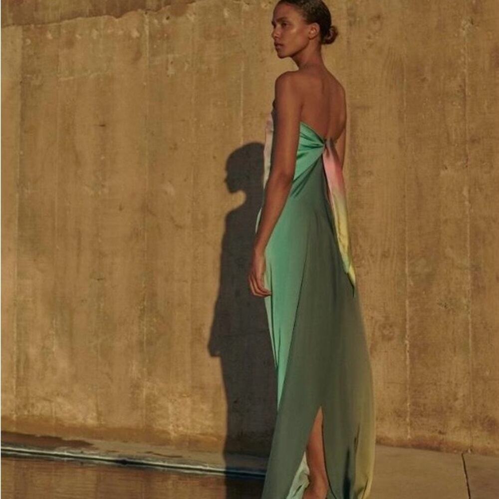 Baobob NWTs Gianni Leaves Strapless Maxi Dress size small Green Yellow Flawed - Picture 2 of 10